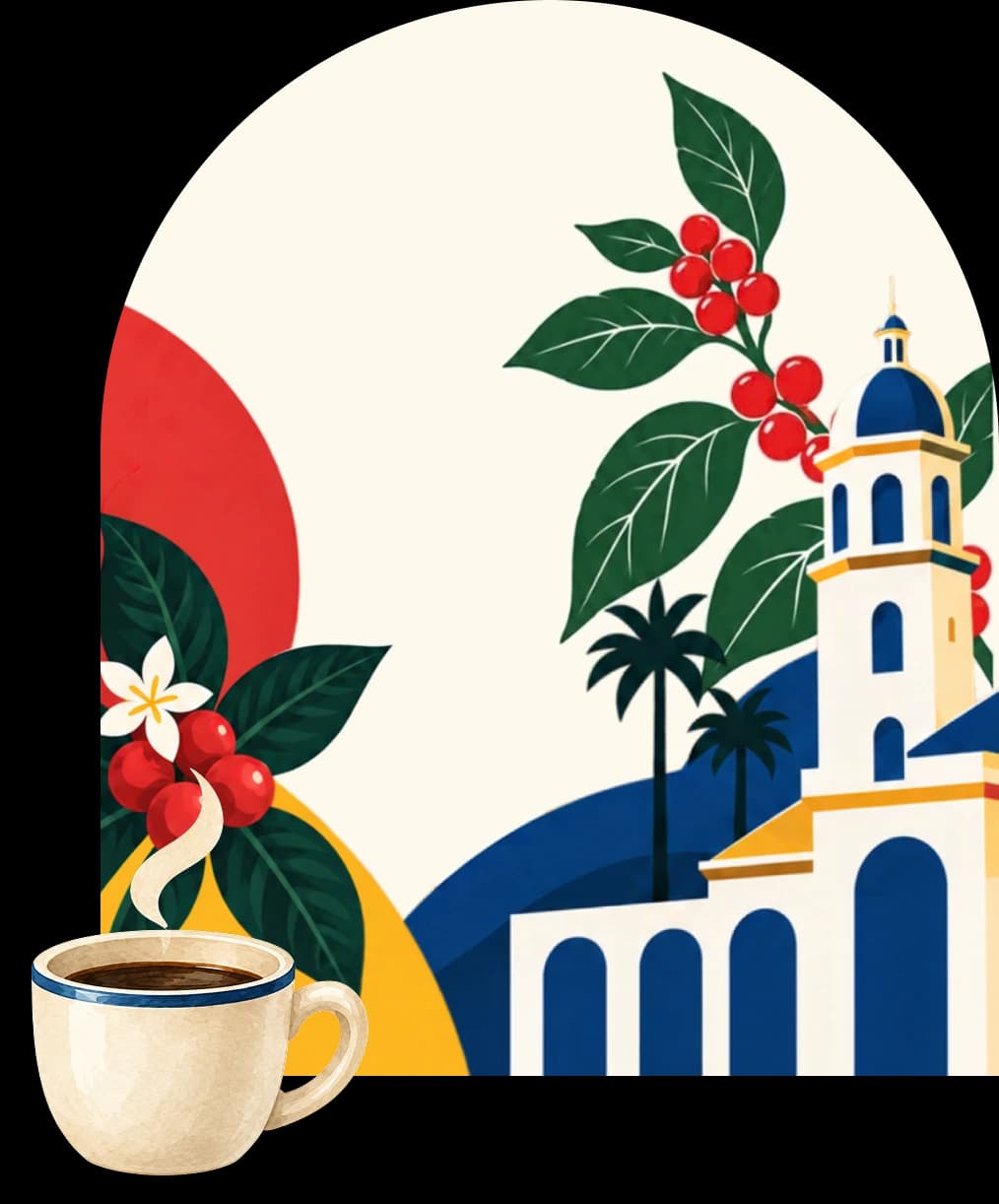 Ilustración de un arco con un campanario colonial, una rama de café con flores y frutos rojos, y una taza de café humeante